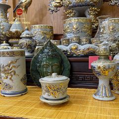 Bát Sâm Thờ Cuốn Thư Men Rạn Vẽ Vàng