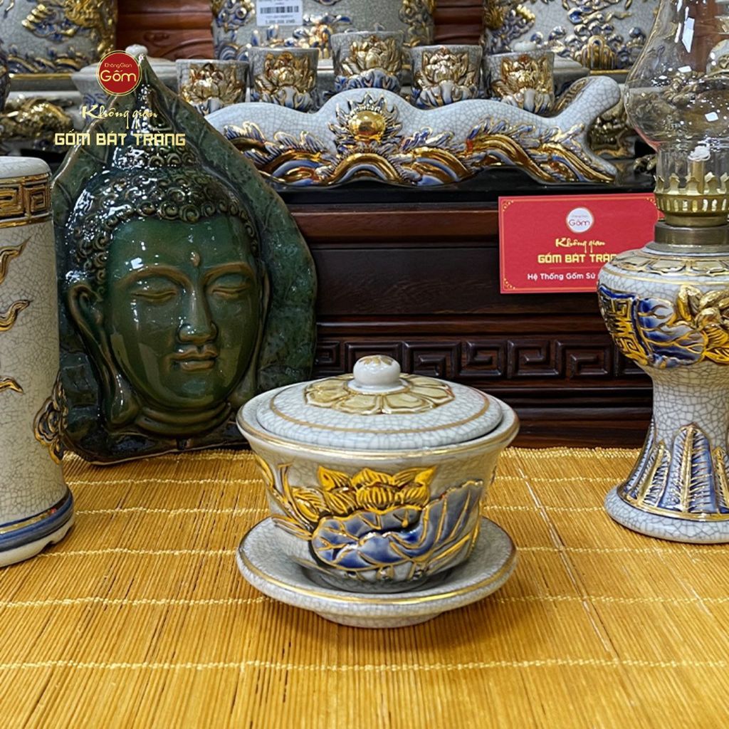 Bát Sâm Thờ Hoa Sen Men Rạn Vẽ Vàng