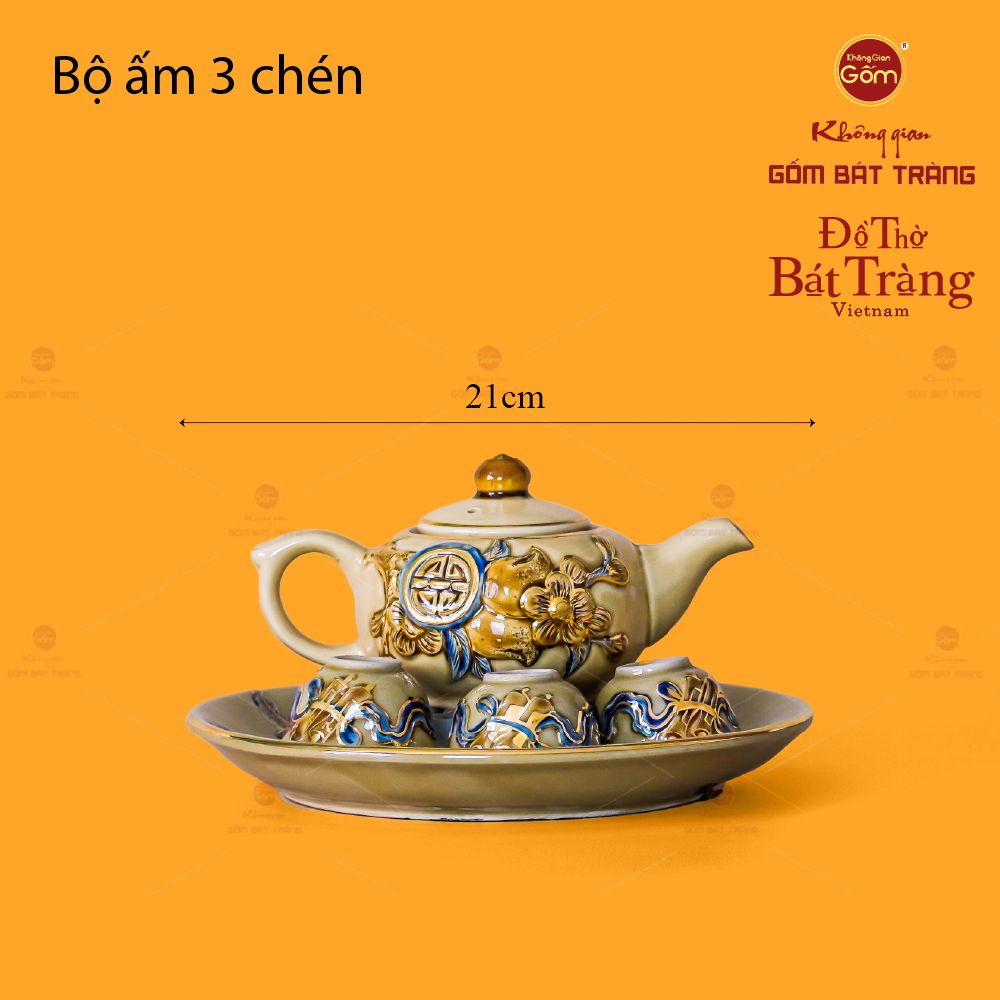 Bộ Ấm 3 Chén Thờ Men Hoàng Thổ Vẽ Vàng Họa Tiết Cuốn Thư