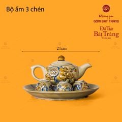 Bộ Ấm 3 Chén Thờ Men Hoàng Thổ Vẽ Vàng Họa Tiết Cuốn Thư