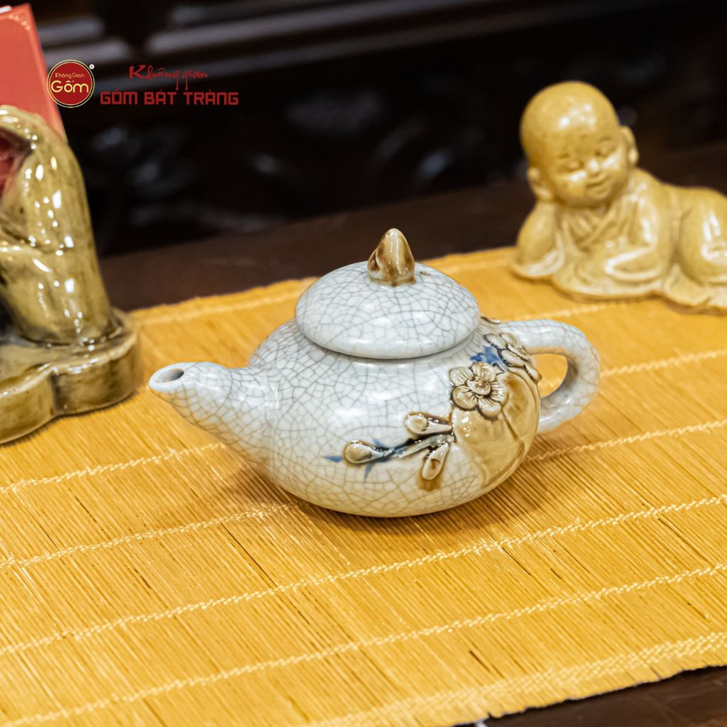 Bộ Ấm Chén Thờ Men Rạn Họa Tiết Hoa Đào