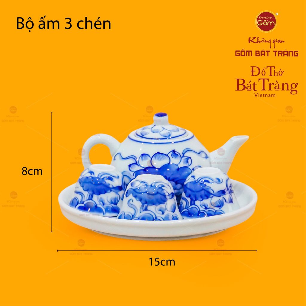Bộ Ấm Chén Thờ Men Lam Họa Tiết Hoa Sen