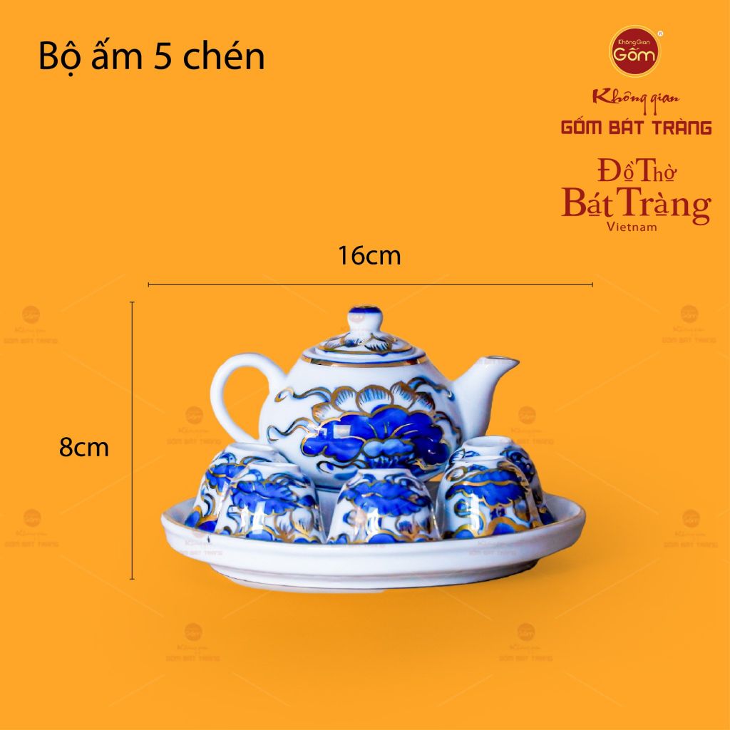 Bộ Ấm Chén Thờ Men Lam Nổi Vẽ Vàng