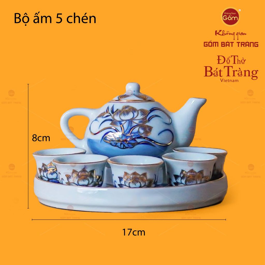 Bộ Ấm Chén Thờ Men Lam Vẽ Vàng Họa Tiết Hoa Sen