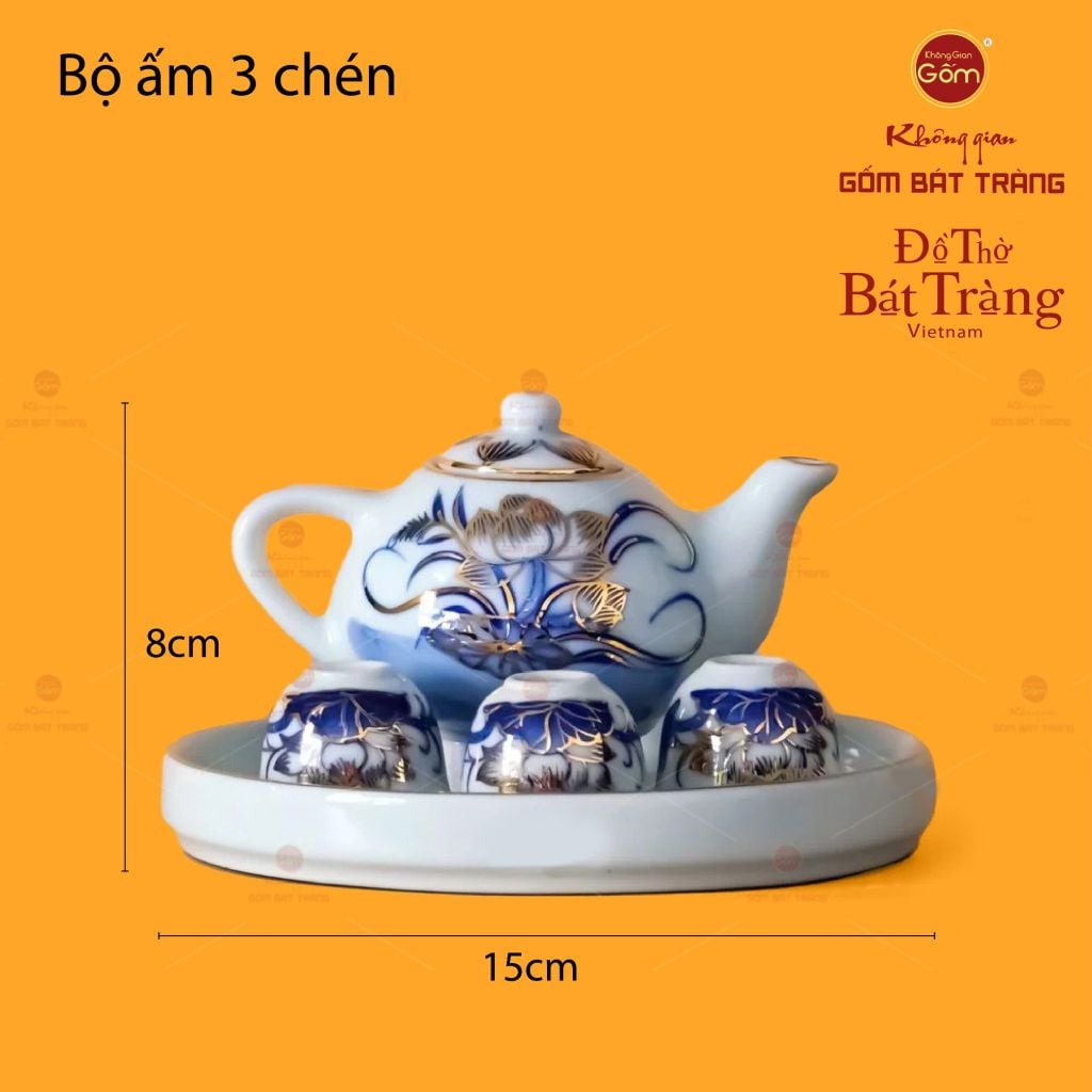 Bộ Ấm Chén Thờ Men Lam Vẽ Vàng Họa Tiết Hoa Sen