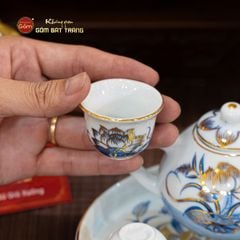 Bộ Ấm Chén Thờ Men Lam Vẽ Vàng Họa Tiết Hoa Sen
