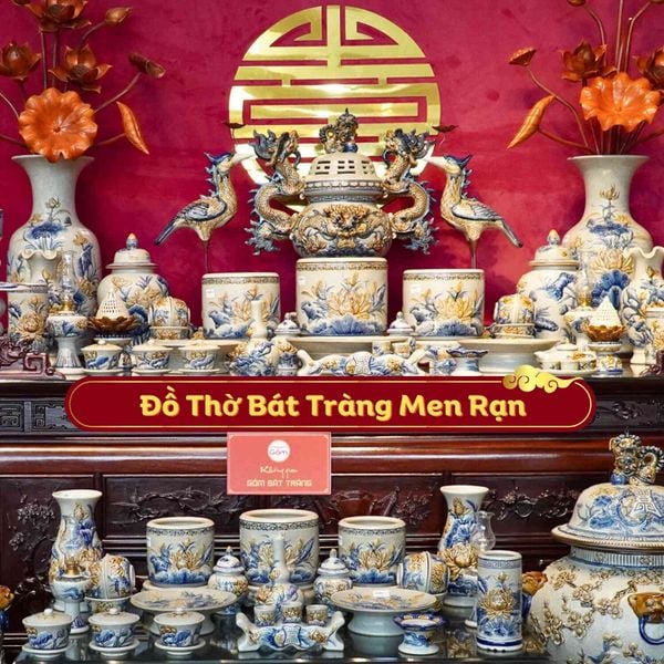 Bộ Đồ Thờ Bát Tràng Gia Tiên Men Rạn Hoa Sen