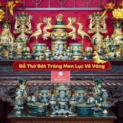 Bộ Đồ Thờ Bát Tràng Gia Tiên Men Xanh Lục Vẽ Vàng
