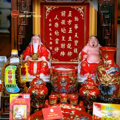 Bộ Đồ Thờ Thần Tài Thổ Địa Men Đỏ Vẽ Vàng