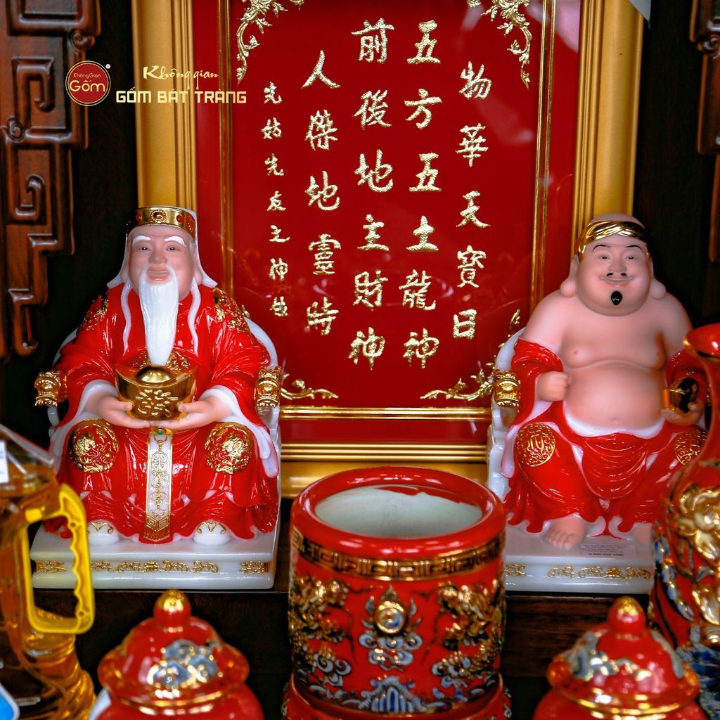 Bộ Đồ Thờ Thần Tài Thổ Địa Men Đỏ Vẽ Vàng