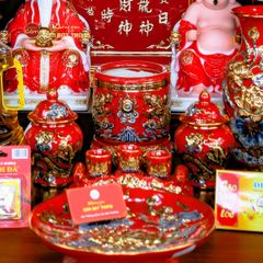 Bộ Đồ Thờ Thần Tài Thổ Địa Men Đỏ Vẽ Vàng