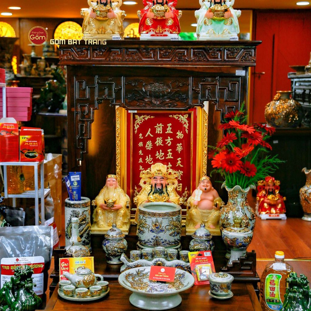 Bộ Đồ Thờ Thần Tài Thổ Địa Men Rạn Vẽ Vàng