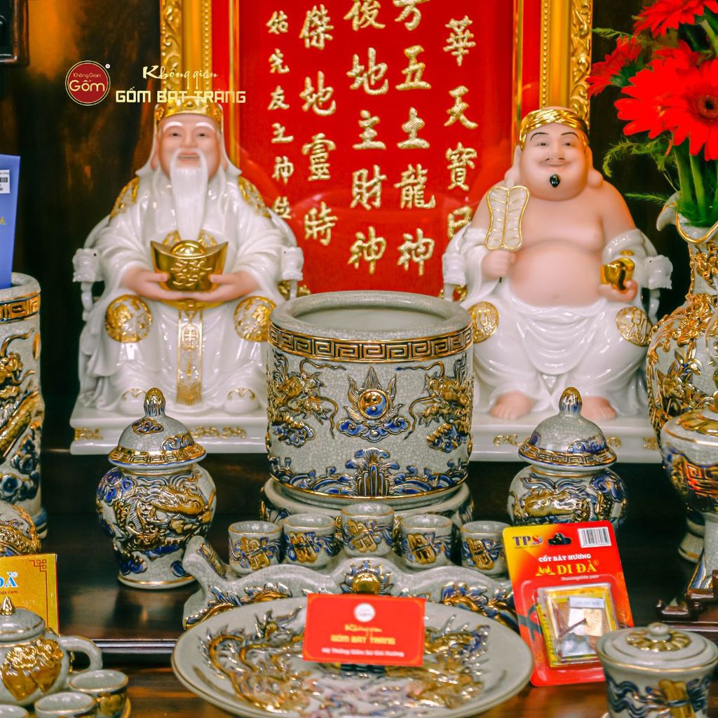 Bộ Đồ Thờ Thần Tài Thổ Địa Men Rạn Vẽ Vàng