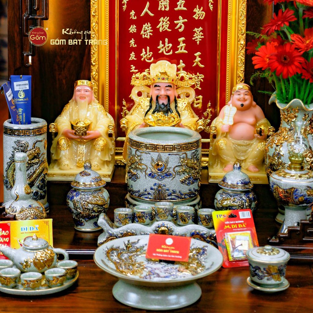 Bộ Đồ Thờ Thần Tài Thổ Địa Men Rạn Vẽ Vàng