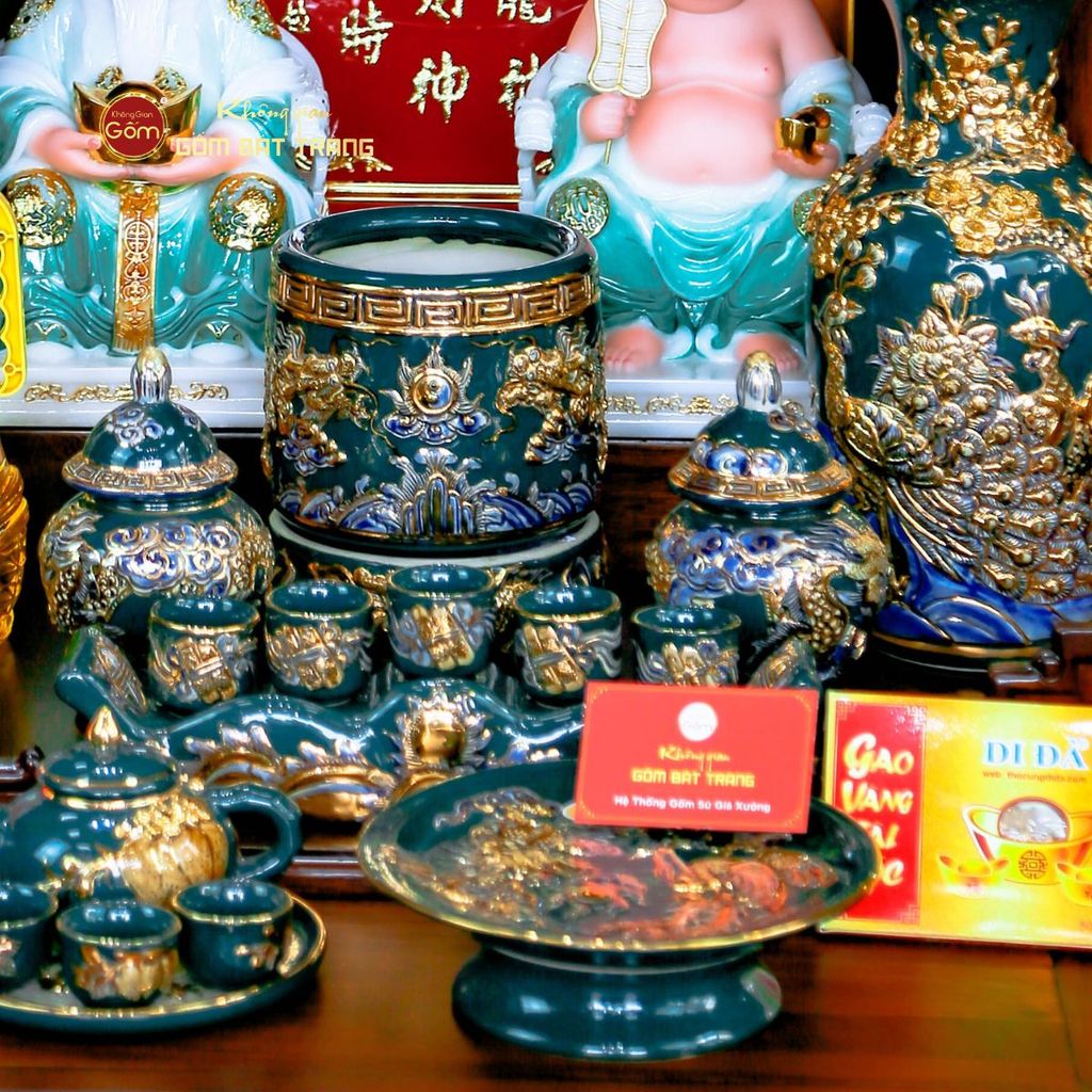 Bộ Đồ Thờ Thần Tài Thổ Địa Xanh Lục Vẽ Vàng