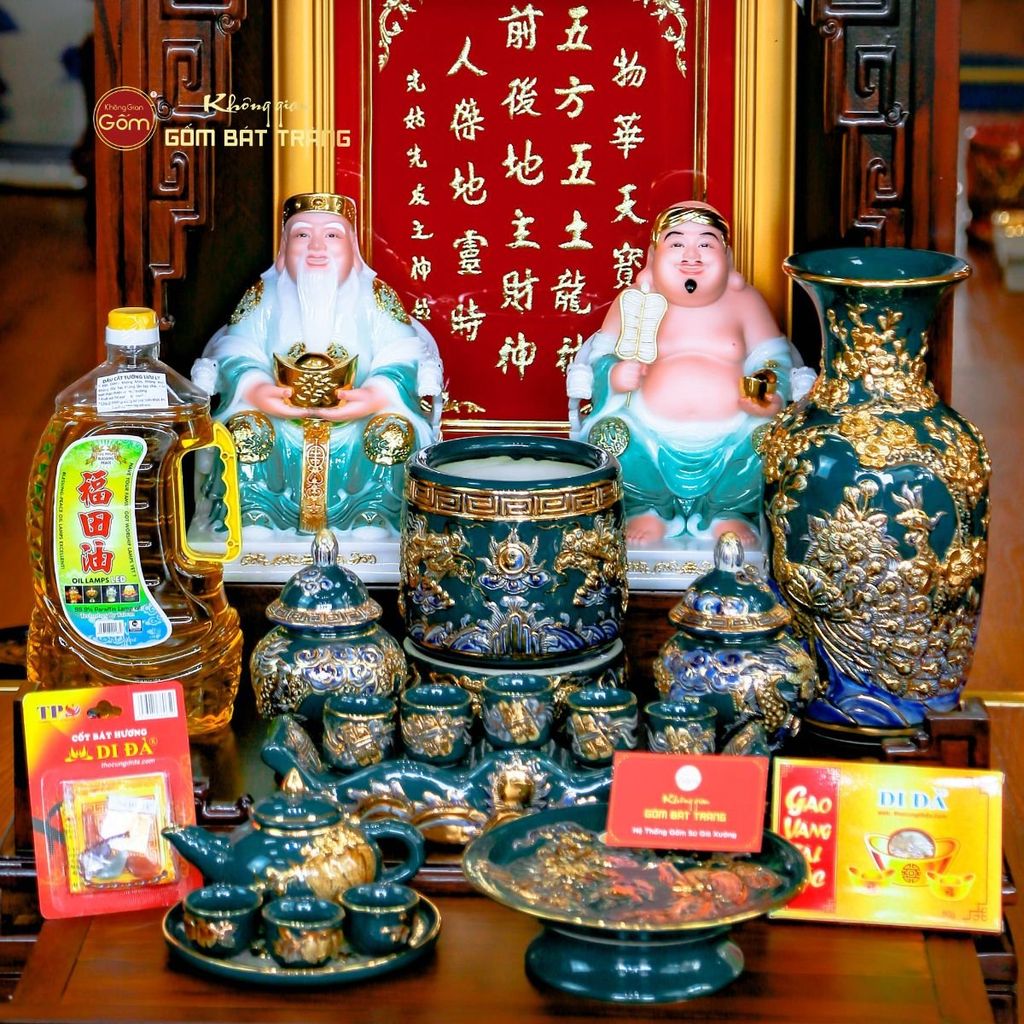 Bộ Đồ Thờ Thần Tài Thổ Địa Xanh Lục Vẽ Vàng