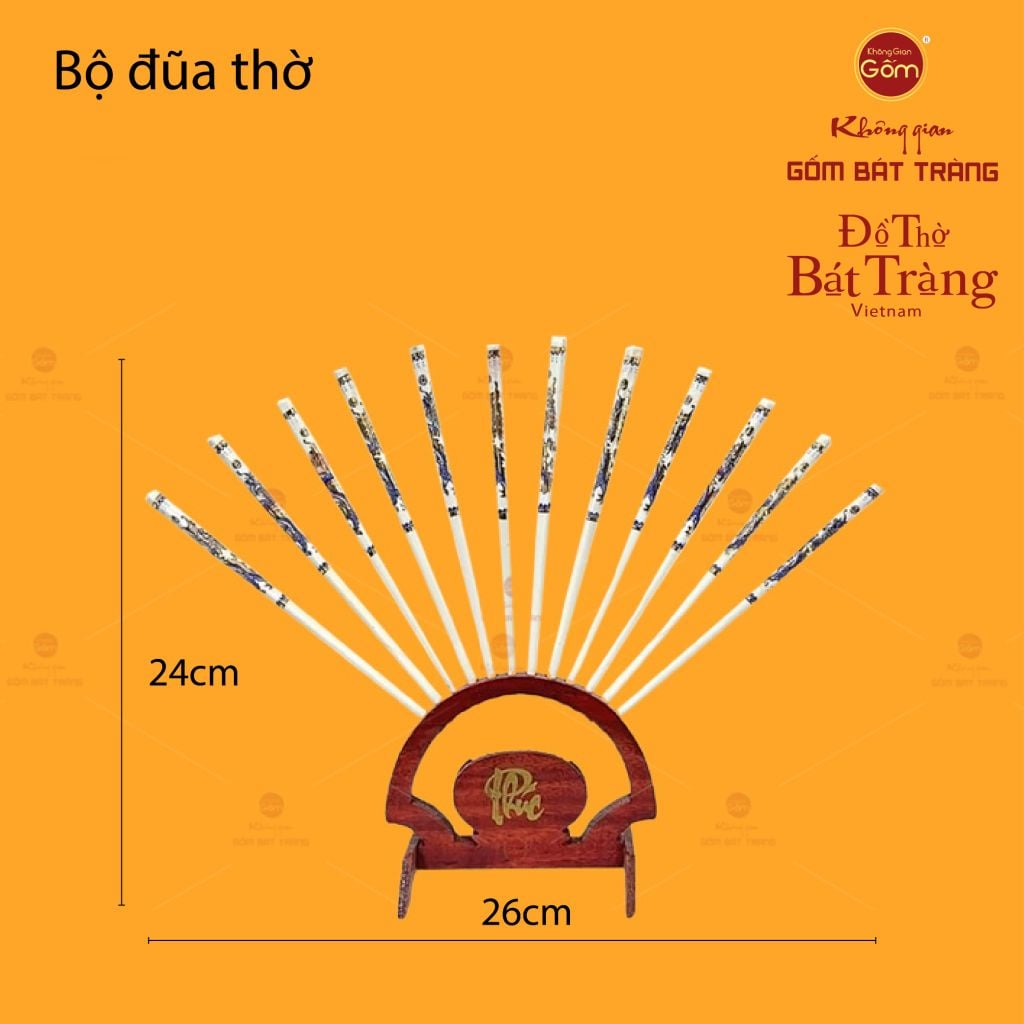 Bộ Đũa Thờ Men Lam Vẽ Vàng Họa Tiết Thanh Long