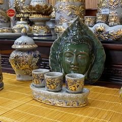 Bộ Kỷ 3 Chén Thờ Cong Men Rạn Vẽ Vàng