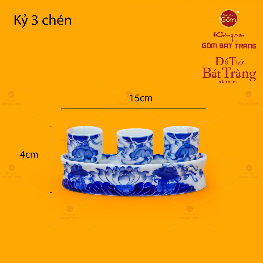 Bộ Kỷ 3 Chén Thờ Men Lam Họa Tiết Hoa Sen