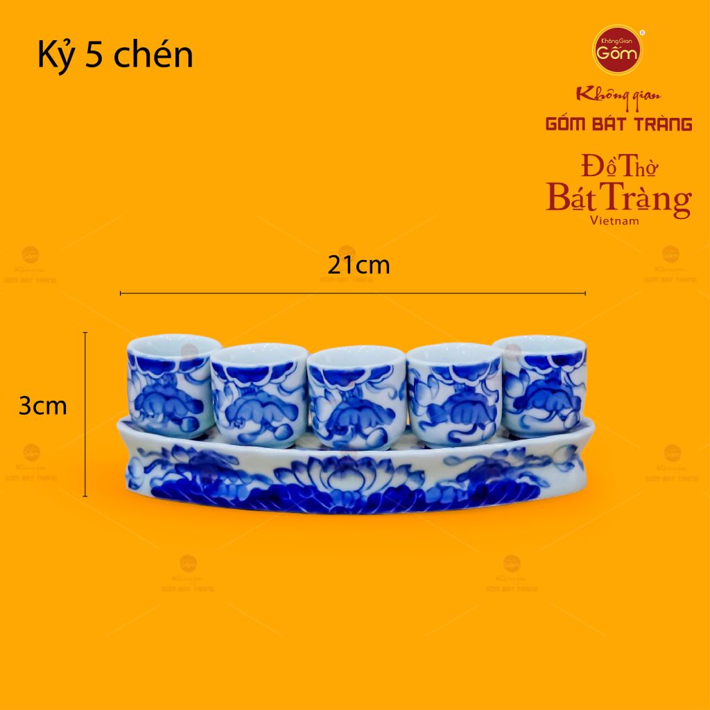 Bộ Kỷ 5 Chén Thờ Men Lam Họa Tiết Hoa Sen