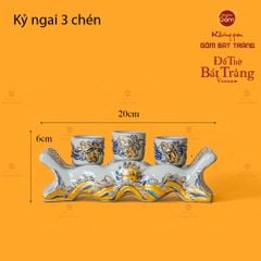 Bộ Kỷ Ngai 3 Chén Men Hoàng Tộc Vẽ Vàng Họa Tiết Cuốn Thư