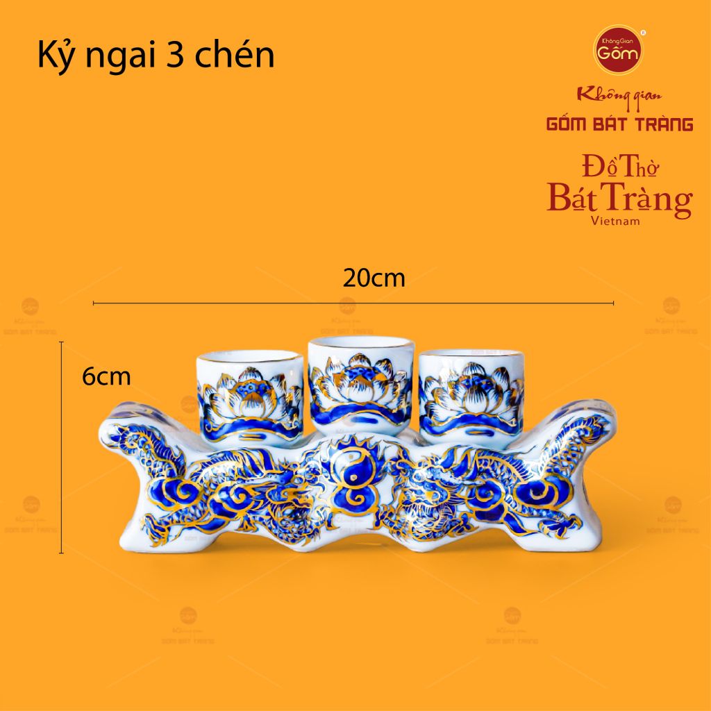 Bộ Kỷ Ngai 3 Chén Thờ Men Lam Nổi Vẽ Vàng
