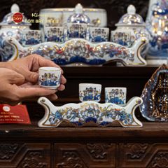Bộ Kỷ Ngai 3 Chén Thờ Men Lam Vẽ Vàng Họa Tiết Hoa Sen