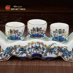 Bộ Kỷ Ngai 3 Chén Thờ Men Lam Vẽ Vàng Họa Tiết Hoa Sen