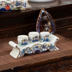 Bộ Kỷ Ngai 3 Chén Thờ Men Lam Vẽ Vàng Họa Tiết Hoa Sen