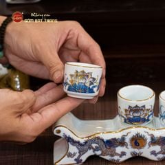 Bộ Kỷ Ngai 3 Chén Thờ Men Lam Vẽ Vàng Họa Tiết Rồng