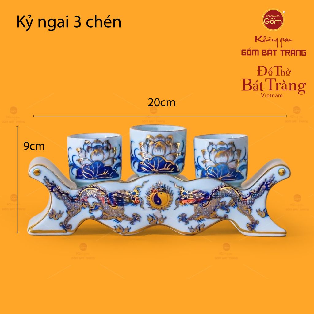 Bộ Kỷ Ngai 3 Chén Thờ Men Lam Vẽ Vàng Họa Tiết Rồng