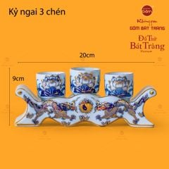Bộ Kỷ Ngai 3 Chén Thờ Men Lam Vẽ Vàng Họa Tiết Rồng