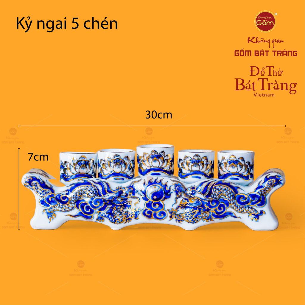 Bộ Kỷ Ngai 5 Chén Thờ Men Lam Nổi Vẽ Vàng
