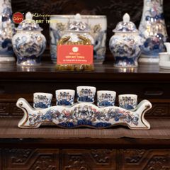 Bộ Kỷ Ngai 5 Chén Thờ Men Lam Vẽ Vàng Họa Tiết Hoa Sen
