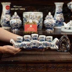 Bộ Kỷ Ngai 5 Chén Thờ Men Lam Vẽ Vàng Họa Tiết Hoa Sen