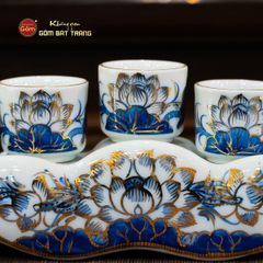 Bộ Kỷ Ngai 5 Chén Thờ Men Lam Vẽ Vàng Họa Tiết Hoa Sen
