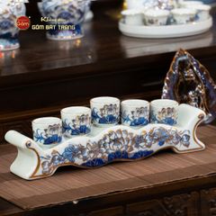 Bộ Kỷ Ngai 5 Chén Thờ Men Lam Vẽ Vàng Họa Tiết Hoa Sen