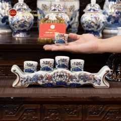 Bộ Kỷ Ngai 5 Chén Thờ Men Lam Vẽ Vàng Họa Tiết Hoa Sen