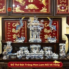 Bộ Đồ Thờ Bát Tràng Gia Tiên Men Lam Nổi Vẽ Vàng