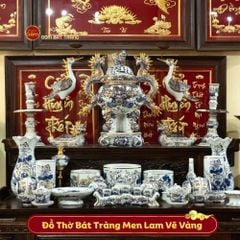 Bộ Đồ Thờ Bát Tràng Gia Tiên Men Lam Vẽ Vàng