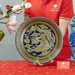 Đĩa Trưng Bày Đắp Nổi Vẽ Màu Nền Xanh Long Cuốn Thủy