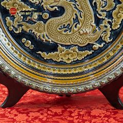 Đĩa Trưng Bày Đắp Nổi Vẽ Màu Nền Xanh Long Cuốn Thủy
