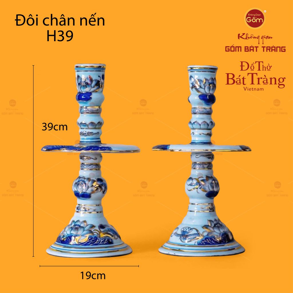 Cặp Chân Nến Thờ Men Lam Vẽ Vàng Họa Tiết Hoa Sen