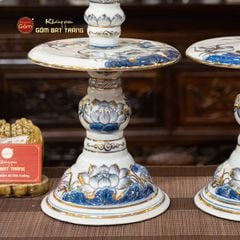 Cặp Chân Nến Thờ Men Lam Vẽ Vàng Họa Tiết Hoa Sen