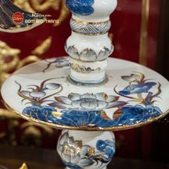 Cặp Chân Nến Thờ Men Lam Vẽ Vàng Họa Tiết Hoa Sen