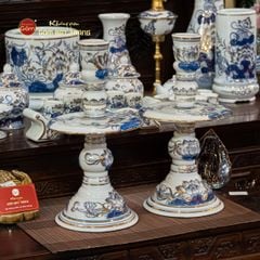 Cặp Chân Nến Thờ Men Lam Vẽ Vàng Họa Tiết Hoa Sen