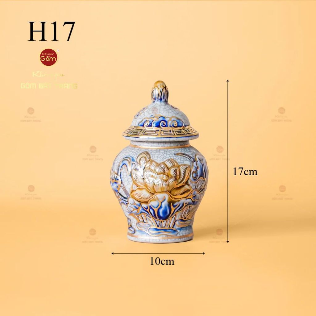 Chóe Thờ Hoa Sen Men Rạn Vẽ Vàng