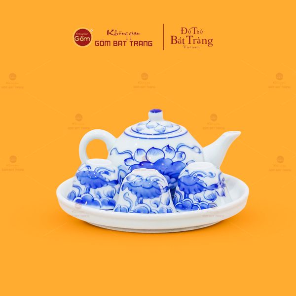 Bộ Ấm Chén Thờ Men Lam Họa Tiết Hoa Sen