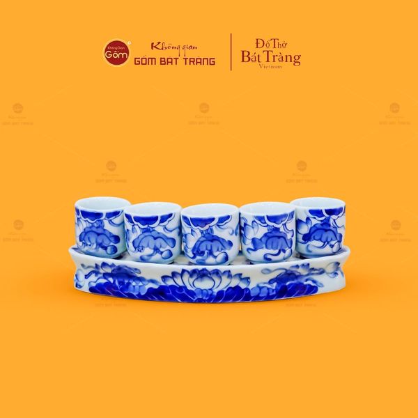 Bộ Kỷ 5 Chén Thờ Men Lam Họa Tiết Hoa Sen