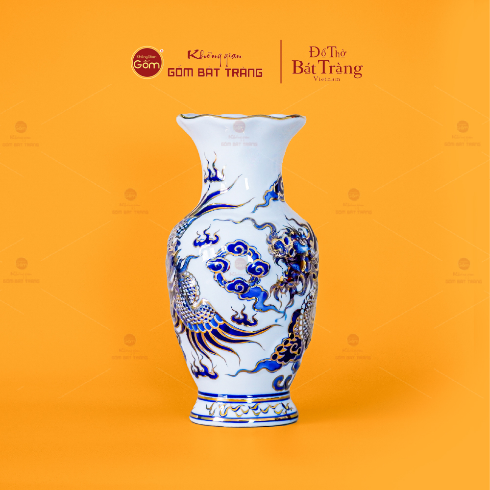 Lọ Hoa Thờ Miệng Lượn Men Lam Nổi Rồng Phượng Vẽ Vàng